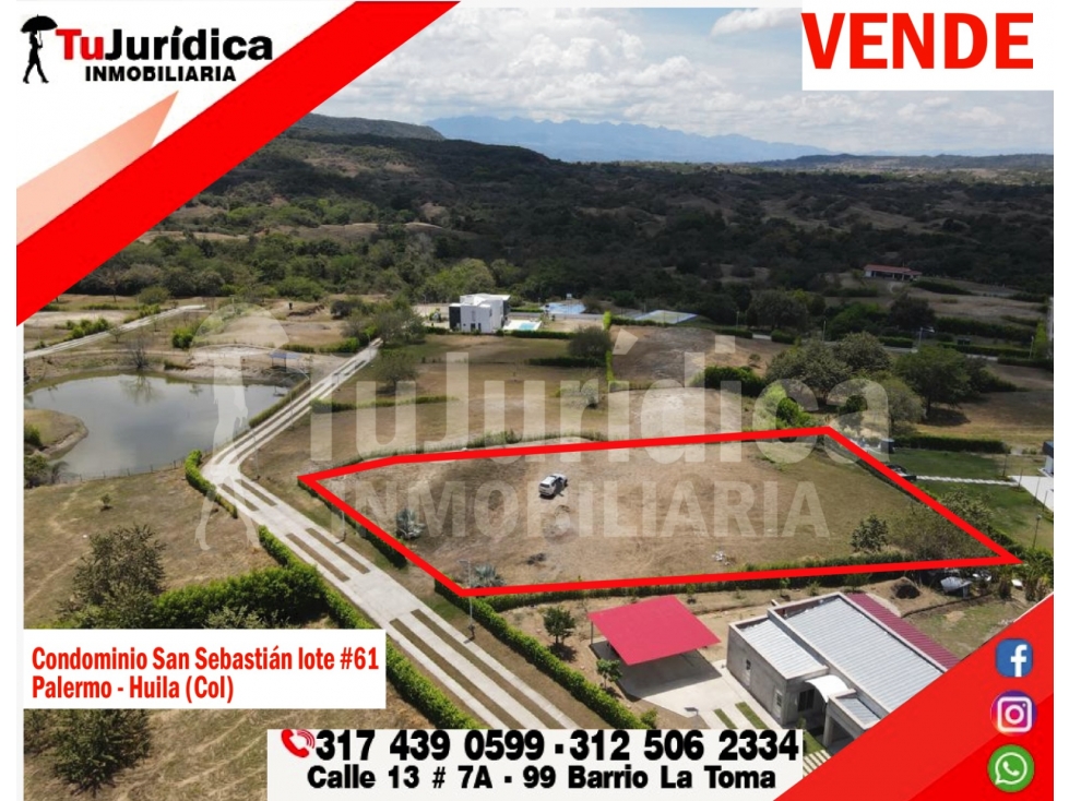 SE VENDE LOTE CAMPESTRE #61 COND. SAN SEBASTIAN (PALERMO - HUILA)