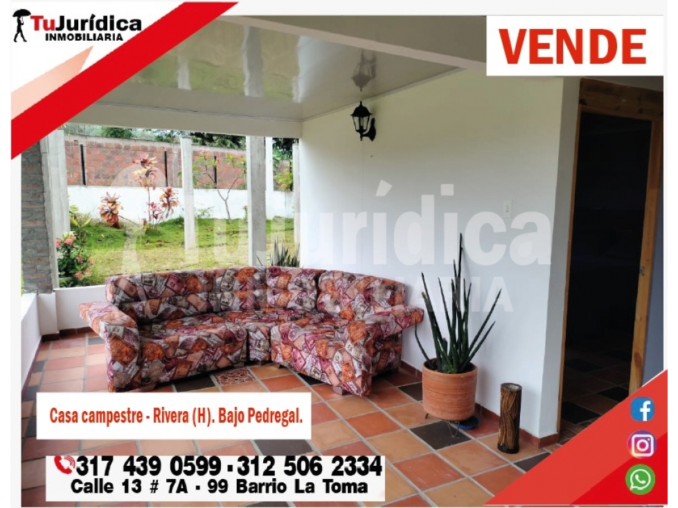 SE VENDE CASA CAMPESTRE BAJO PEDREGAL RIVERA (HUILA-COL)