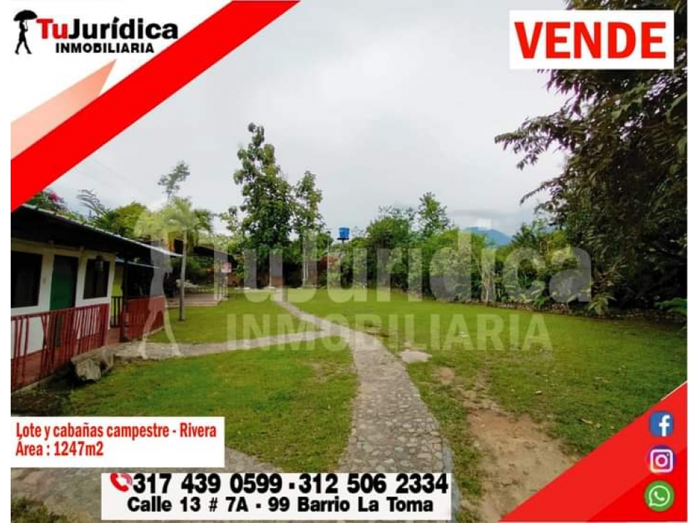 SE VENDE LOTE Y CABAÑAS CAMPESTRES RIVERA (HUILA - COL)