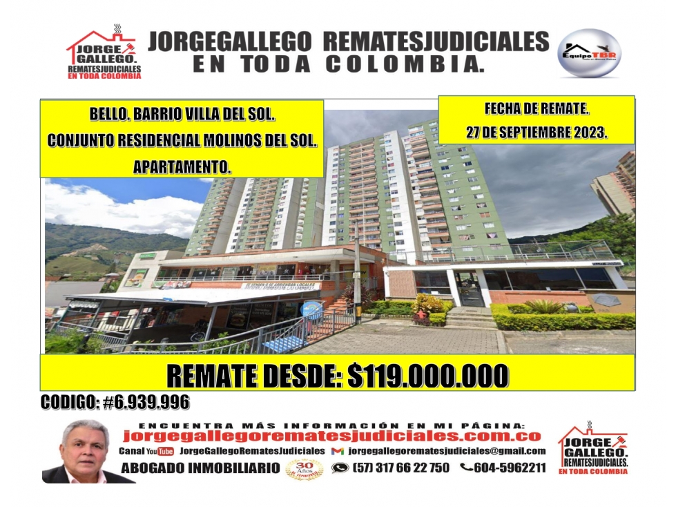 Remate. Bello. Villa del sol. Conjunto Molinos del soL. Apartamento.