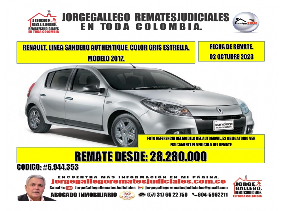 Remate. Renault. Linea Sandero. Modelo 2017. Color gris Estrella.
