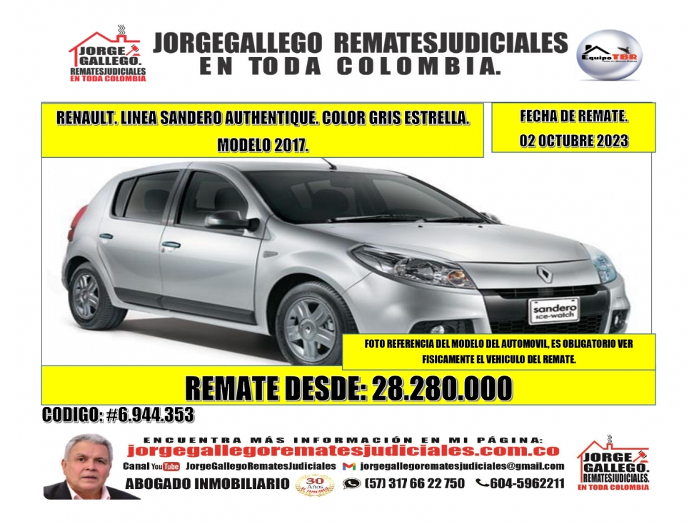 Remate. Renault. Linea Sandero. Modelo 2017. Color gris Estrella.