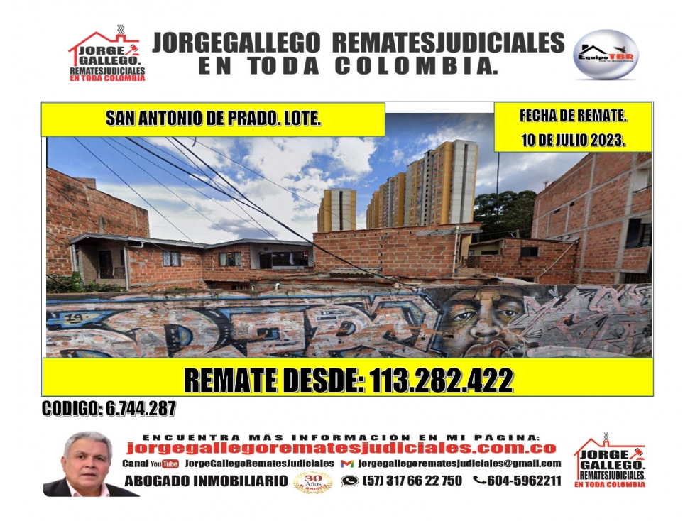 Remate. San Antonio de Prado. Lote de 3 Pisos.