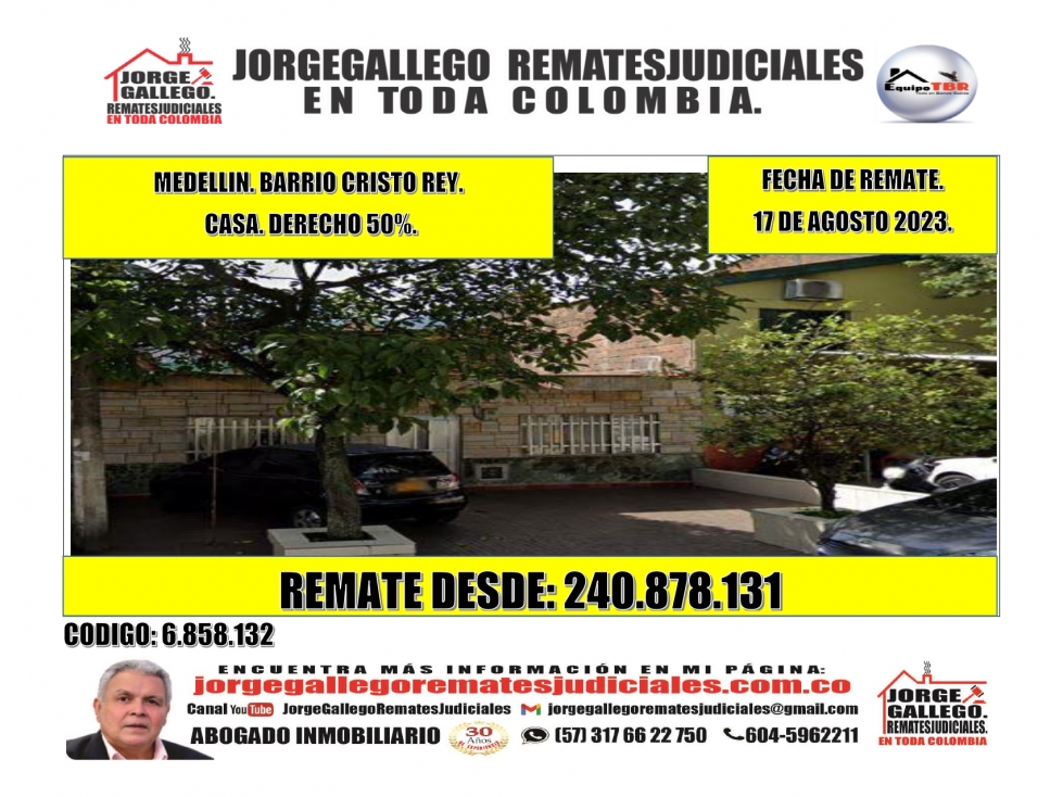 Remate. Derecho 50%. Medellín. Barrio Cristo Rey. Casa