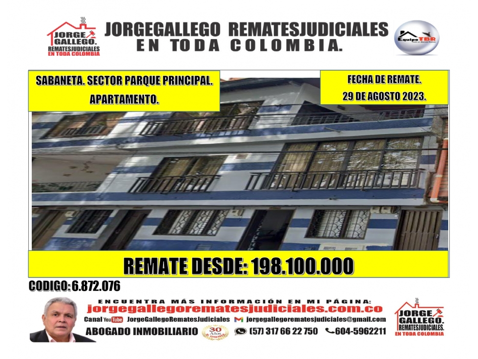 Remate.Sabaneta. Sector Parque Principal. Apartamento.