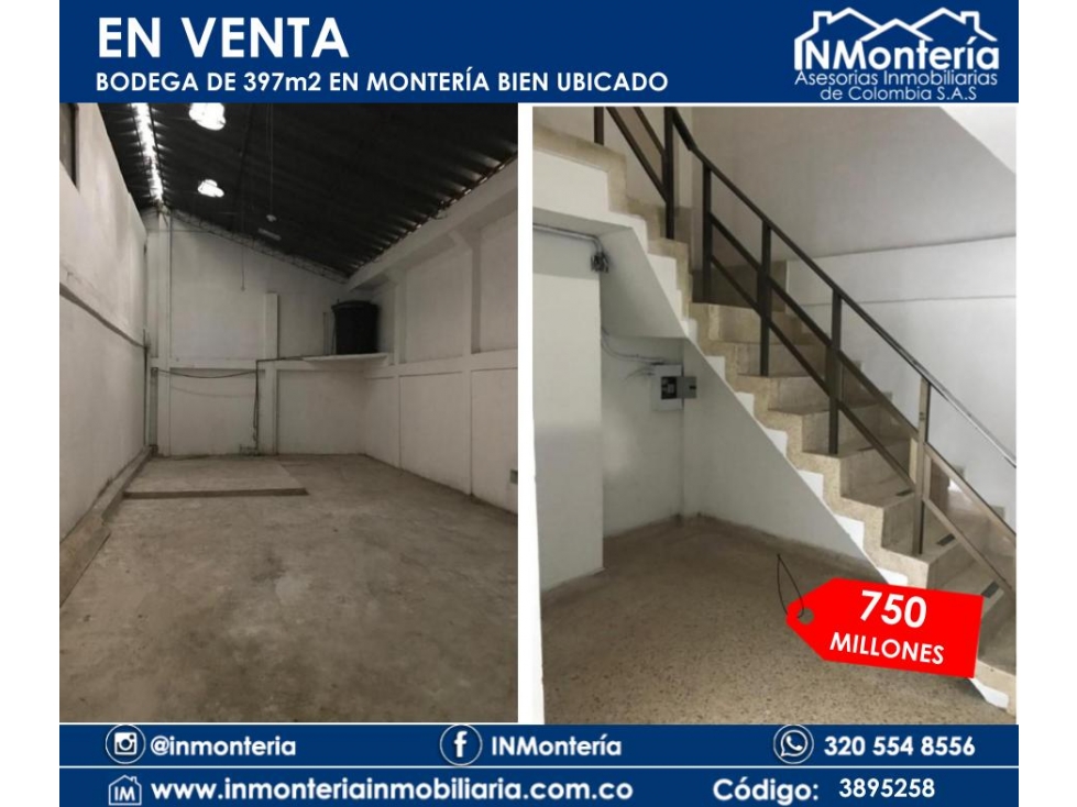 SE VENDE BODEGA DE 397m2 MONTERIA