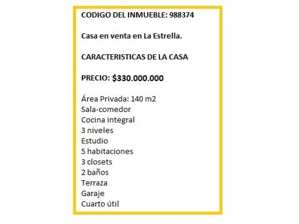 Casa en venta. La Estrella. Cod 988374