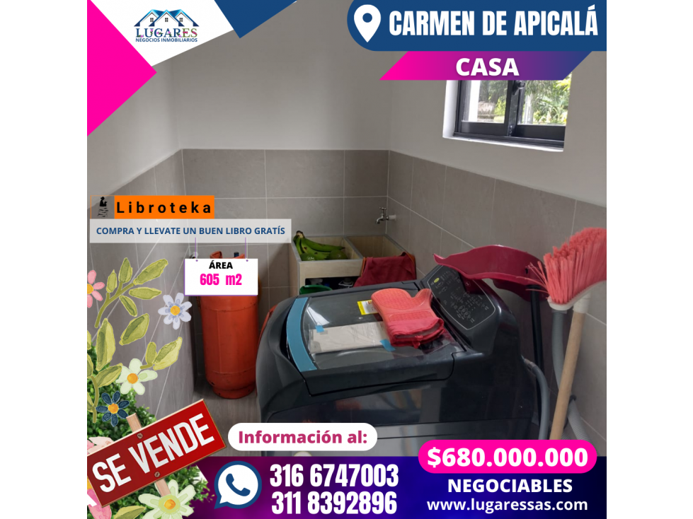 CASAQUINTA EN VENTA  CON 605 m2 EN EL CARMEN DE APICALÁ TOLIMA (RURAL)